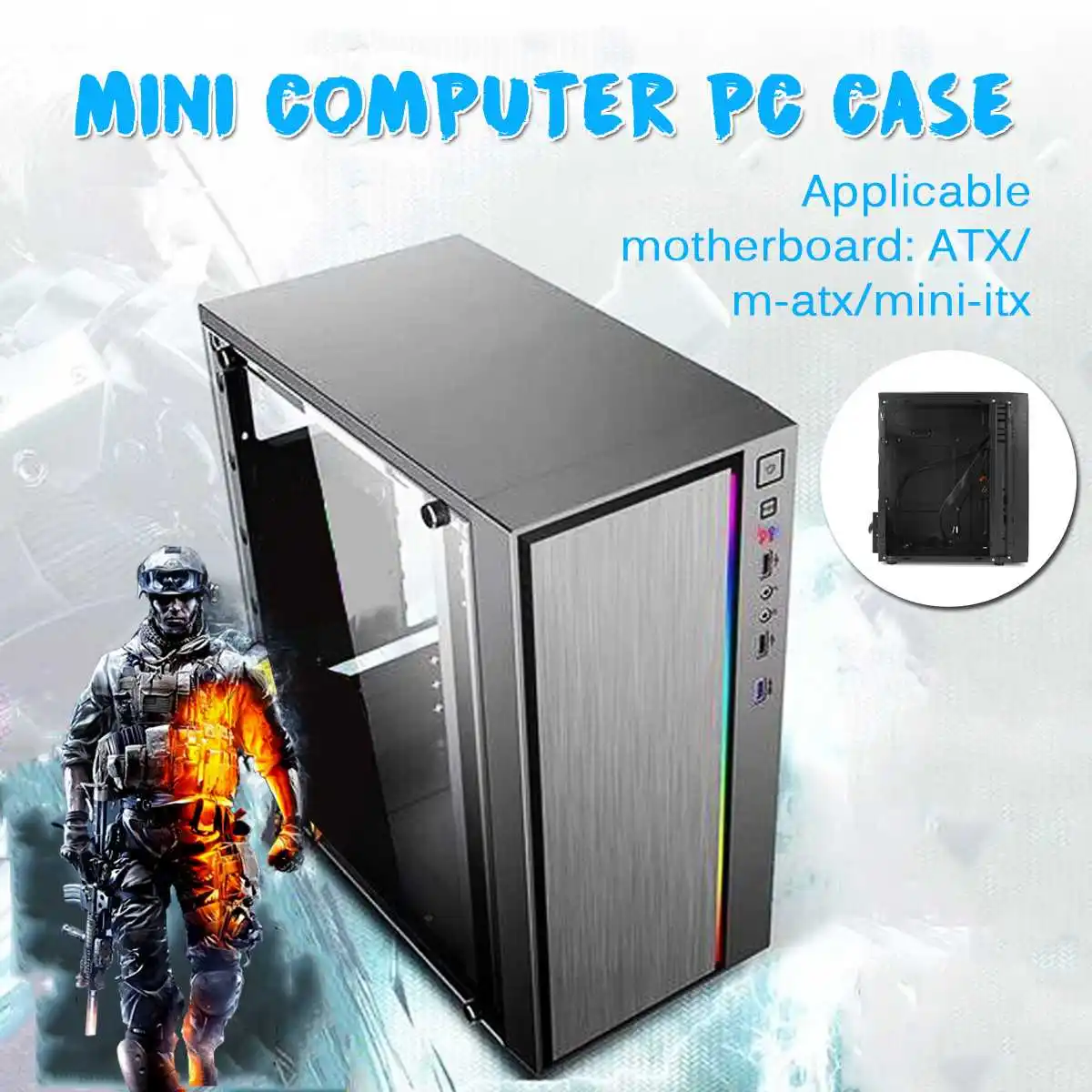 

Mini Computer Case Full Side Ventilation Cooling Case USB3.0 with Light Bar 1 Fan Position Side Through Panel PC Case