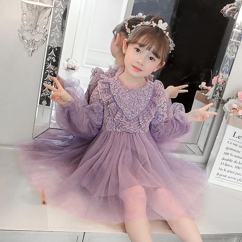 

2019 New Style Summer Wear Middle And Large Girls Lace Dress Korean-style Fashion Princess Dress Puff Sleeve Tutu Mesh Dress