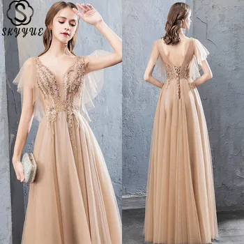 

Skyyue V-Neck Evening Dress Solid Short Sleeve Floor Length Dress Appliques A-Line Crystal Crepe Robe De Soiree K311