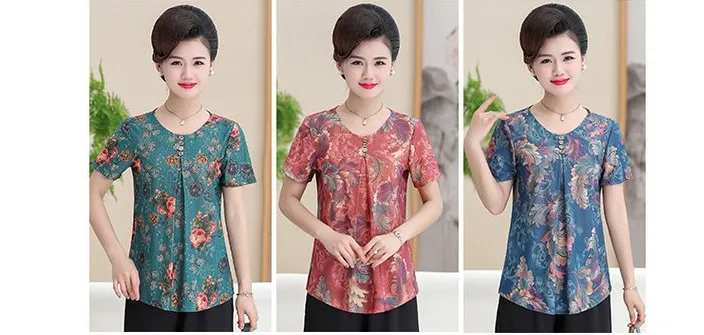 Топы с коротким рукавом, футболка для матерей среднего возраста, летняя Новинка, большие размеры, модные женские футболки с круглым вырезом и принтом, маленькие рубашки
