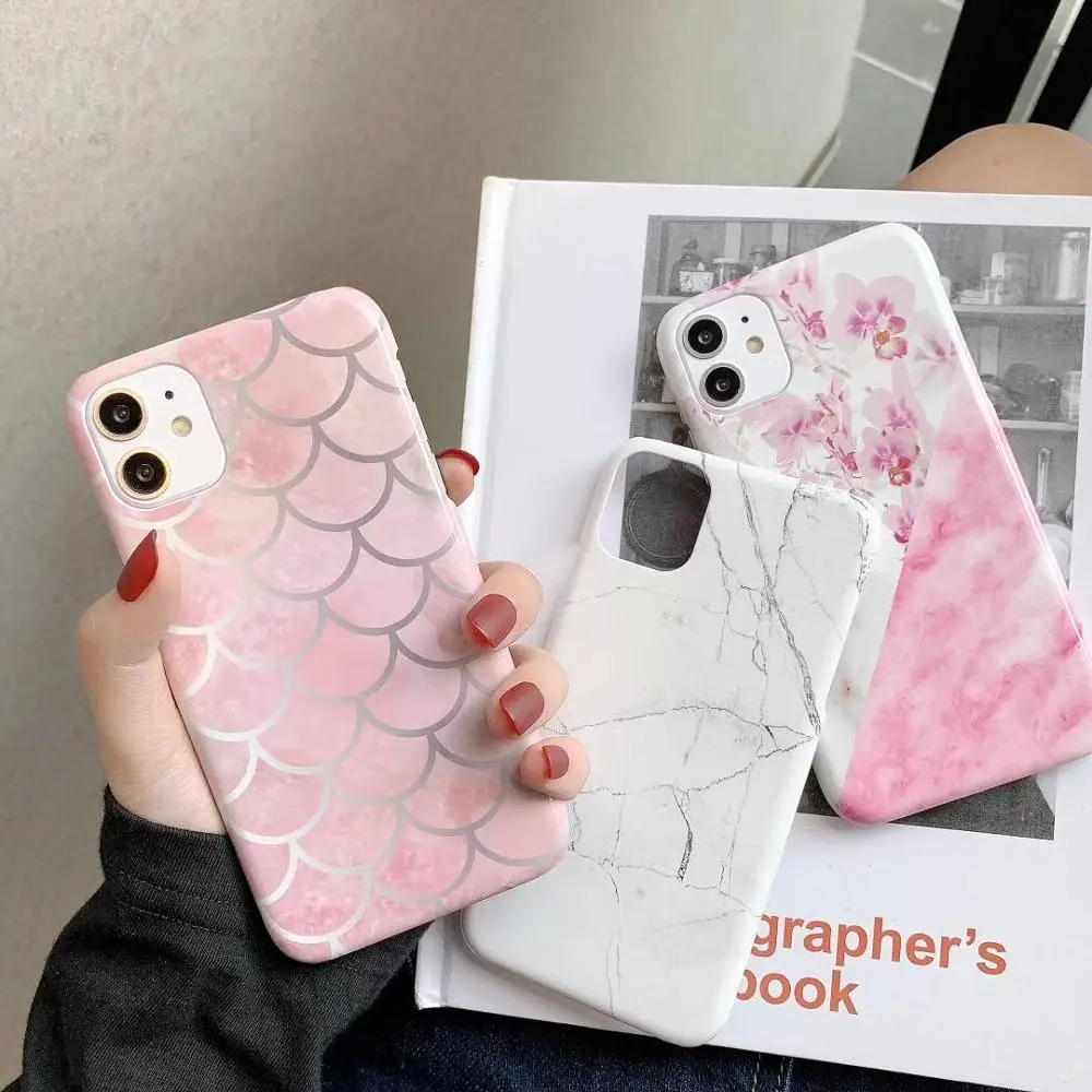 

Flower fish scale marble effect Pattern PC Hard Case For iPhone11 Pro Max XS Max XR 8 7 6 6s+ Water Sticker Shell Back Skin