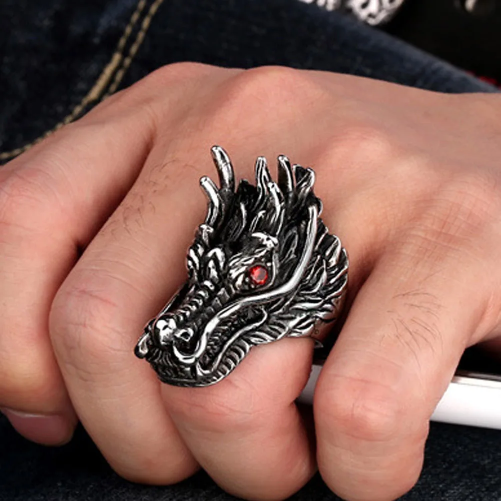 Dragon Head Rings For Men Punk Rock Style Red Stone Rings Party Jewelry