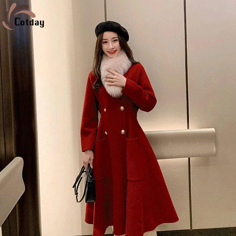 

Cotday Winter Wool Red Double Breasted 2021 New Show Thin Hepburn Elegant Collect Waist Overcoat Women Long Woolen Blend Coats