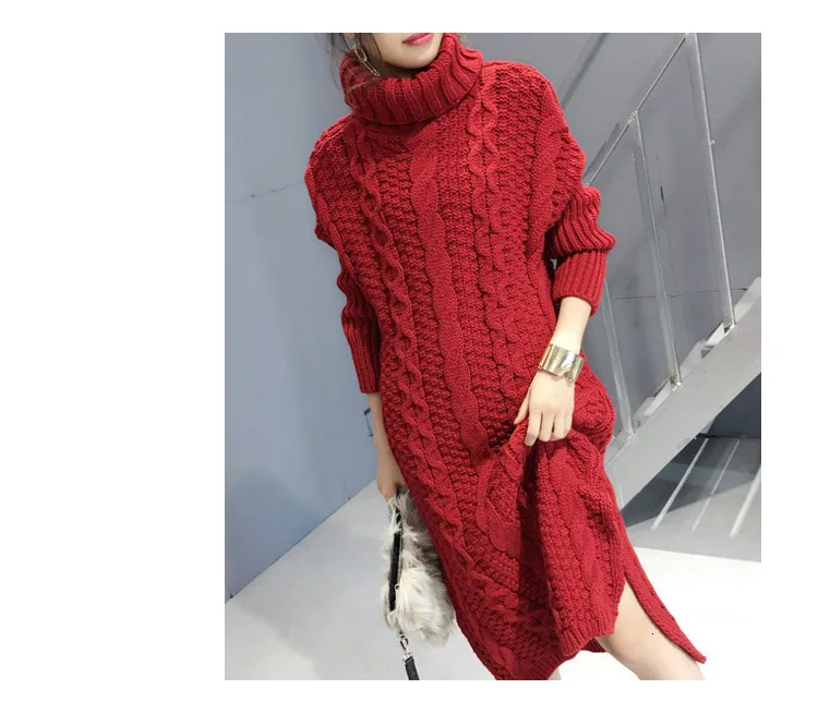 Новое корейское зимнее пальто, Женский Длинный свободный белый свитер с высоким воротом, повседневный вязаный свитер, Женский Осенний модный красный женский свитер L01