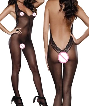 

Sexy Womens Sheer and Opaque Halter Open Crotch Bodystocking Low Cut Back Lace Trim Body Stocking Bodysuit Erotic Lingerie