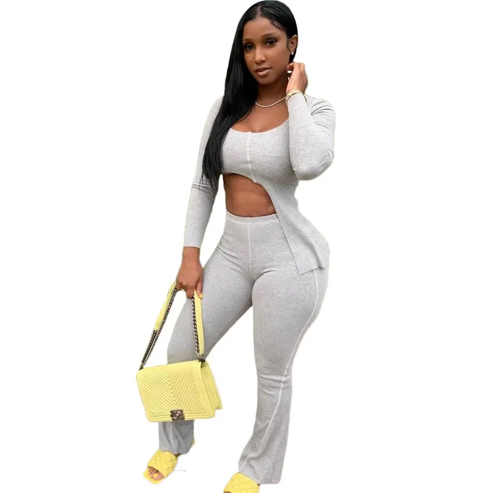 

Autumn New Gary Two Piece Outfits Set for Women Irregular Crop Top and Flared Pants Tracksuit Set