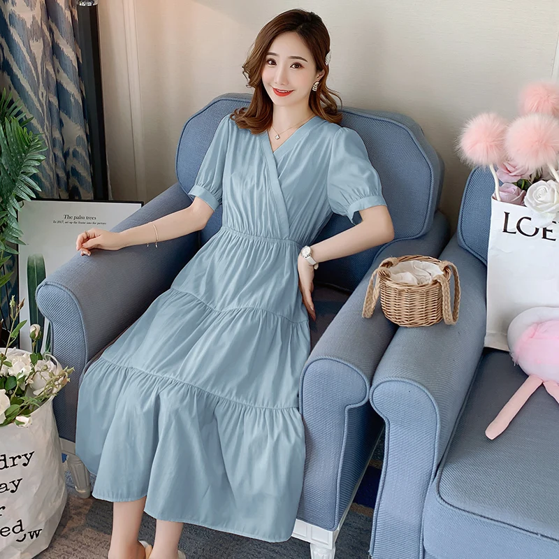 

6655# V neck Button Open for Nursing Slim Waist Maternity Long Dress Summer Korean Fashion Clothes for Pregnant Women Pregnancy