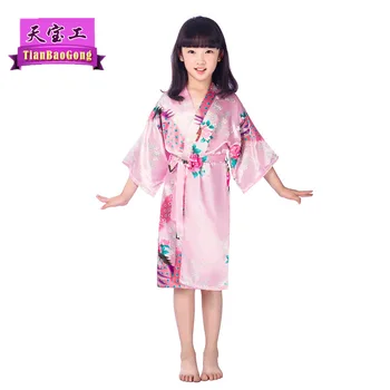 

Children's Nightgown summer thin imitation silk household clothing Japanese cardigan robe girl printed peacock Nightgown