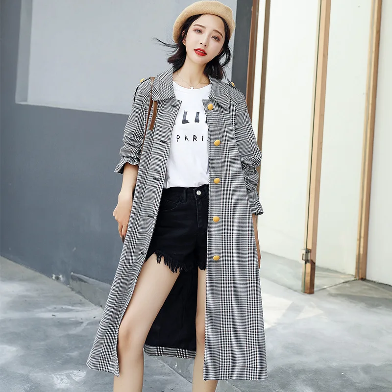

New Style Double Breasted Plaid Trench Coat Long Sleeve Long Solid Color Lace-up 2019 Spring Elegant Trend