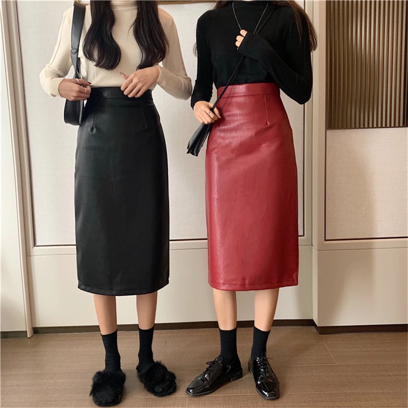 BGTEEVER Vintage PU Leather Straight Skirts for Women High Waist Slit Package Hip Skirts Faux-leather Bodycon Female Skirt