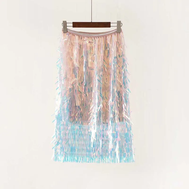 Модная голографическая цветная длинная юбка, блестящая расшитая блестками эластичная талия, многослойная Лоскутная юбка, высокая уличная юбка для леди