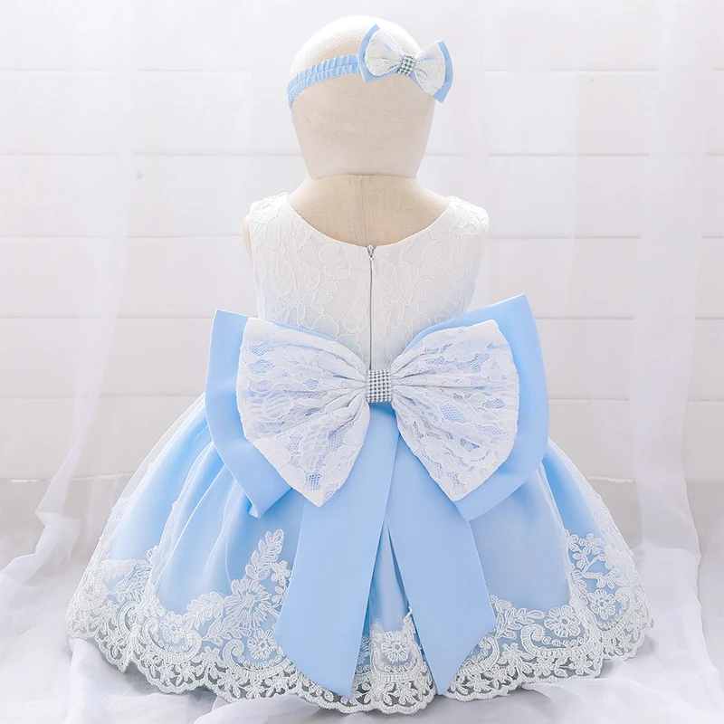 blue Крещение новорожденного платье для маленьких девочек кружевные вечерние платья с цветочным рисунком платье принцессы на день рождения для маленьких девочек с большим бантом, От 0 до 2 лет L1911XZ - Цвет: blue