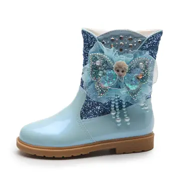 

Disney Elsa Spot girl boots winter new Korean version of the Princess Cotton Boots kids sweet fur high kids boots girls