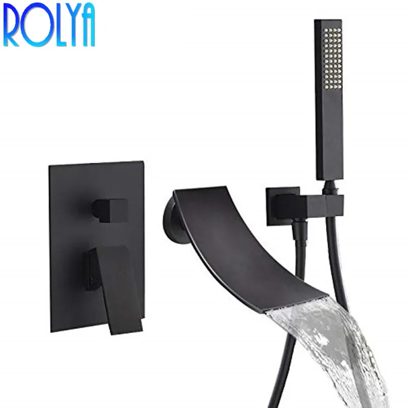 Modern Waterfall Wall-Mount Tub Filler Faucet & Handshower Black 1_副本