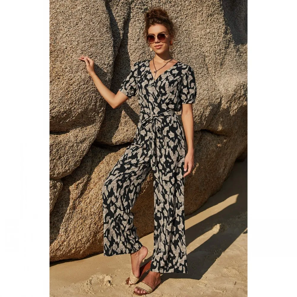 The New S-XL Short Sleeve Wide Leg Jumpsuit For The Summer Of 2021 Loose Sexy High-waisted V-neck Printed Casual Pants For Women