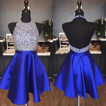 

Blue 2019 Homecoming Dresses A-line Halter Short Mini Satin Beaded Crystals Backless Cocktail Dresses