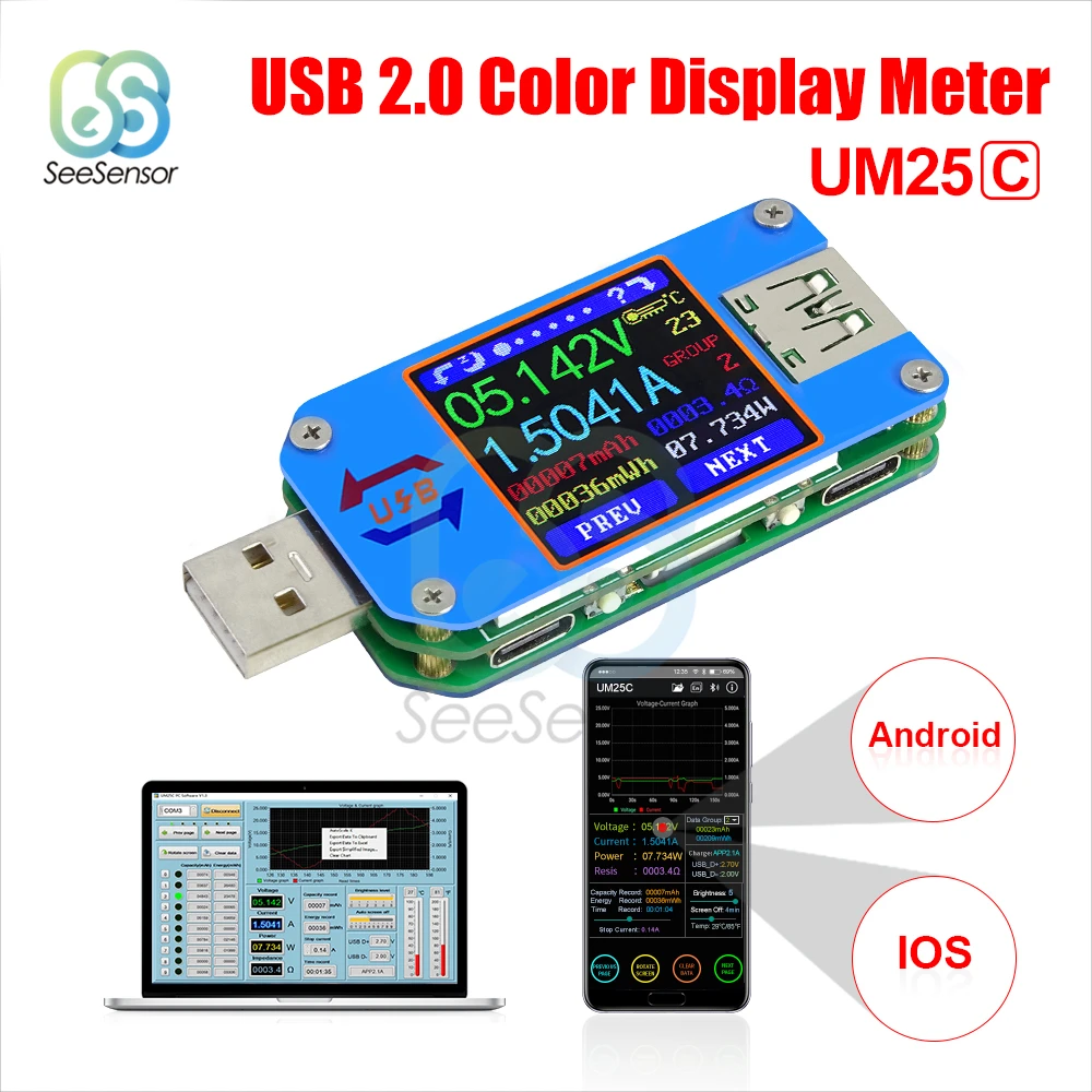 UM24 UM24C Color LCD Display Type-C Power Capacity Detector Voltmeter Ammeter UM24 UM24C Color LCD Display Type-C Power Capacity Detector Voltmeter Ammeter