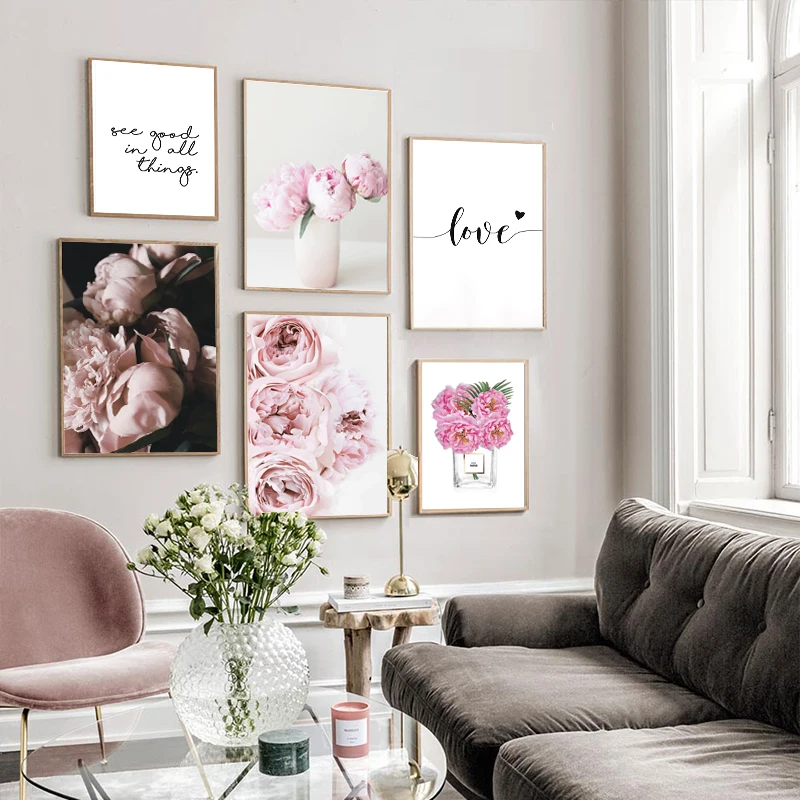 Pink Peony Poster And Printed Love Wall Art Flower Picture Canvas Painting Nordic Tableau Mural Living Room Home Decoration | Дом и сад