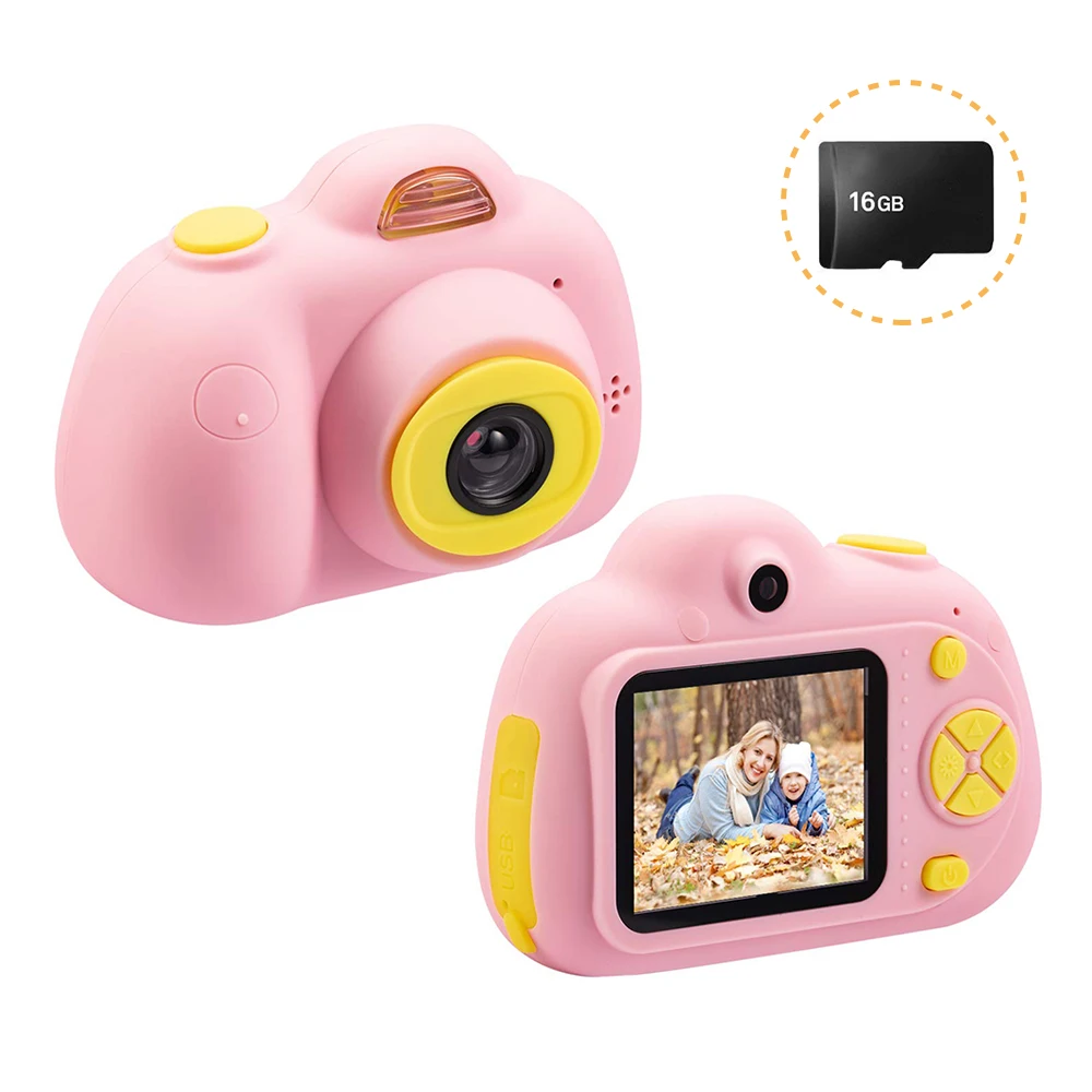 Мини Детская Цифровая камера 26MP 1080P видеокамера 2,0 дюймов HD экран Двойная камера объектив противоударный для детей мальчиков и девочек - Цвет: Pink with 16GB Card