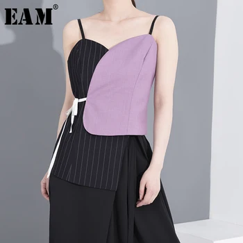 

[EAM] Women Purple Striped Split Bandage Tank Tops New V-collar Sleeveless Personality Fashion Tide Spring Summer 2020 1S61614