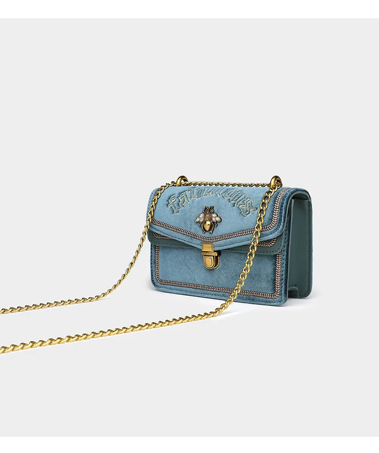 Black Blue Green Luxury Embroidered Velvet Handbag for Women Brand Gold Chain Shoulder Bags Female Small Bee Lock Cross body Bag (7)