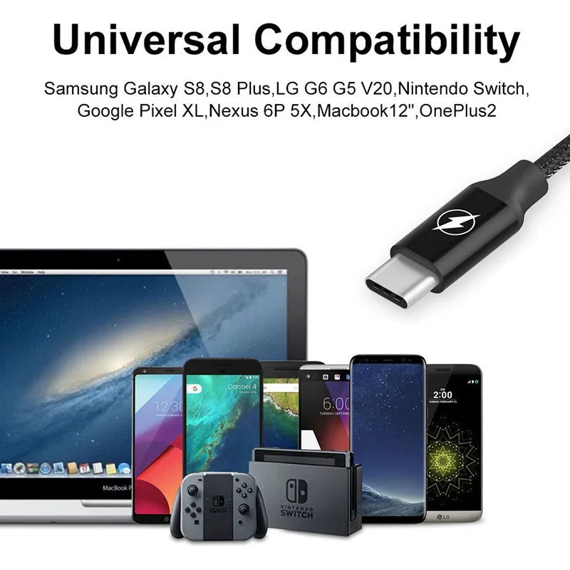 Kiirie usb type-C кабель 3 шт(2x3. 3ft 6.6ft) нейлоновый плетеный шнур быстрое зарядное устройство с реверсивным разъемом