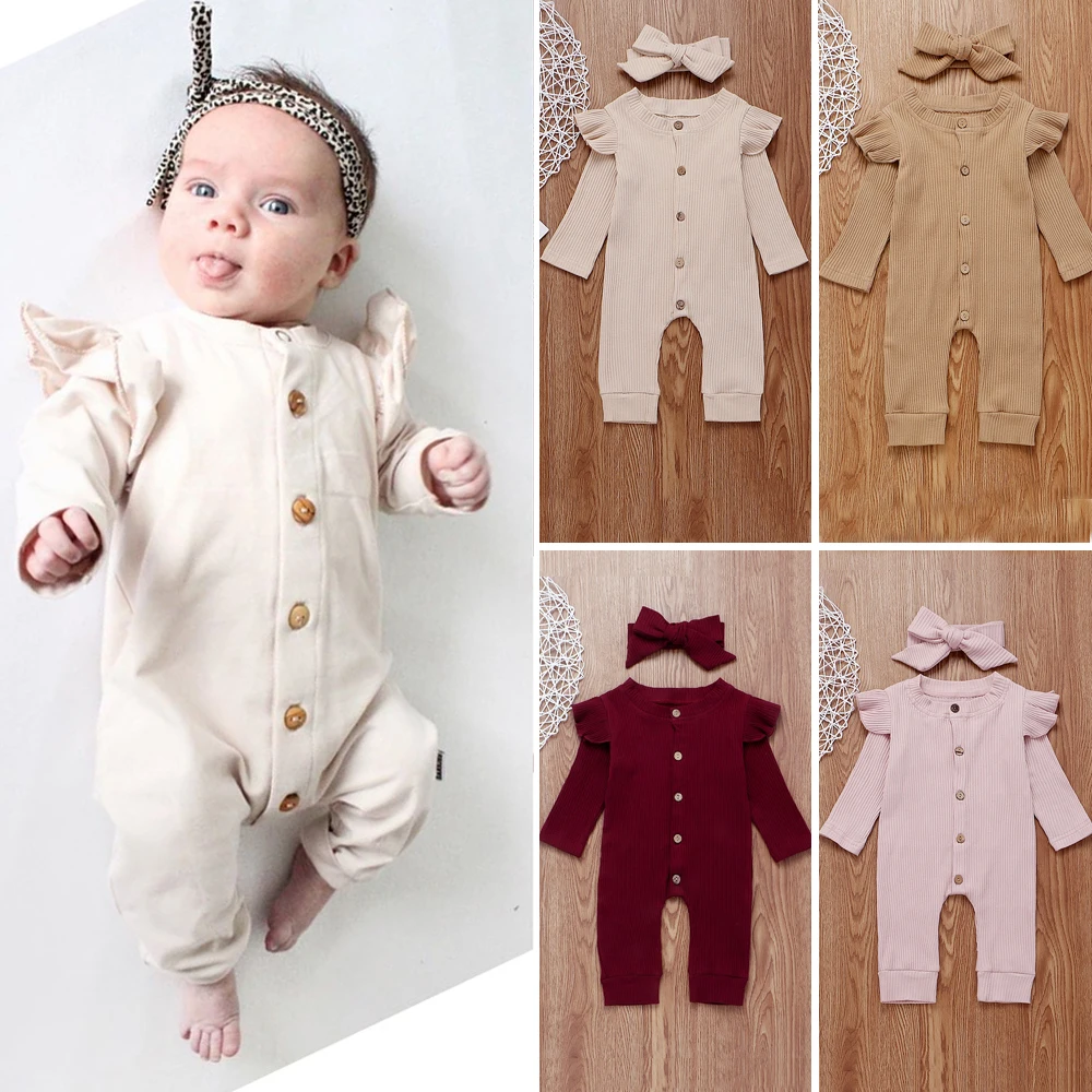 Осенний комплект одежды из 2 предметов для новорожденных и маленьких мальчиков и девочек, Вязаный комбинезон, костюмы с оборками и длинными рукавами, 4 цвета, на возраст 0-24 месяца