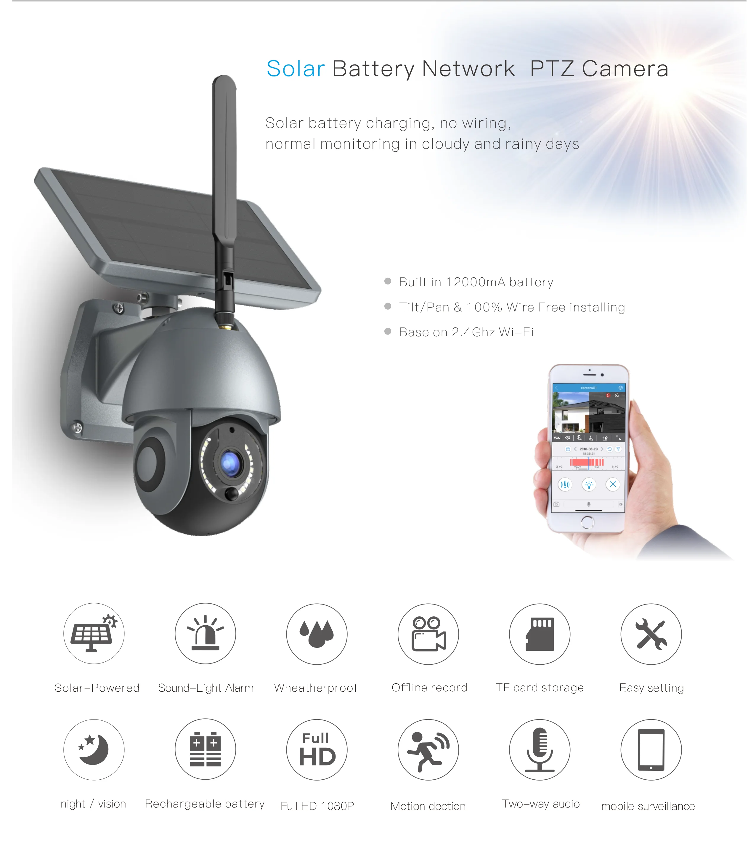 solar camera security outdoor wireless battery powered For corridor staircase apartment RV camera 2MP 1080P IR LED 355 degree