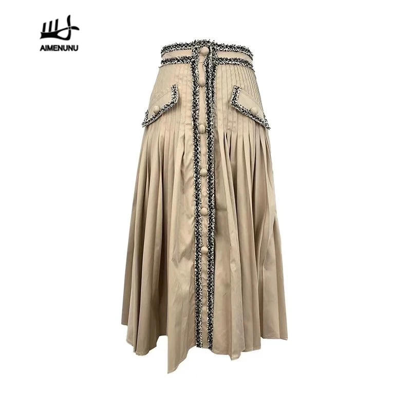 

AIMENUNU Patchwork Tweed Women's Skirts High Waist Button Pocket Pleated A Line Female Skirt 2019 Autumn Fashion New