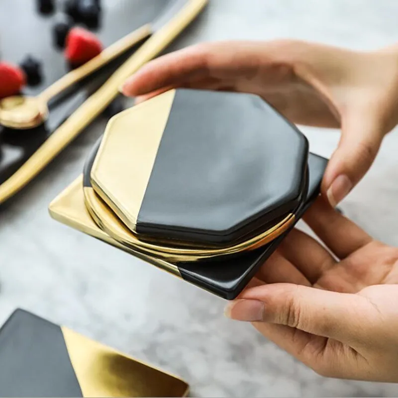 CFen A's Marble Grain Black Gold Plating Ceramic Coasters Cup Pad Mat Table bowl Placemat Coffee Tea Cup drink coasters 1pc
