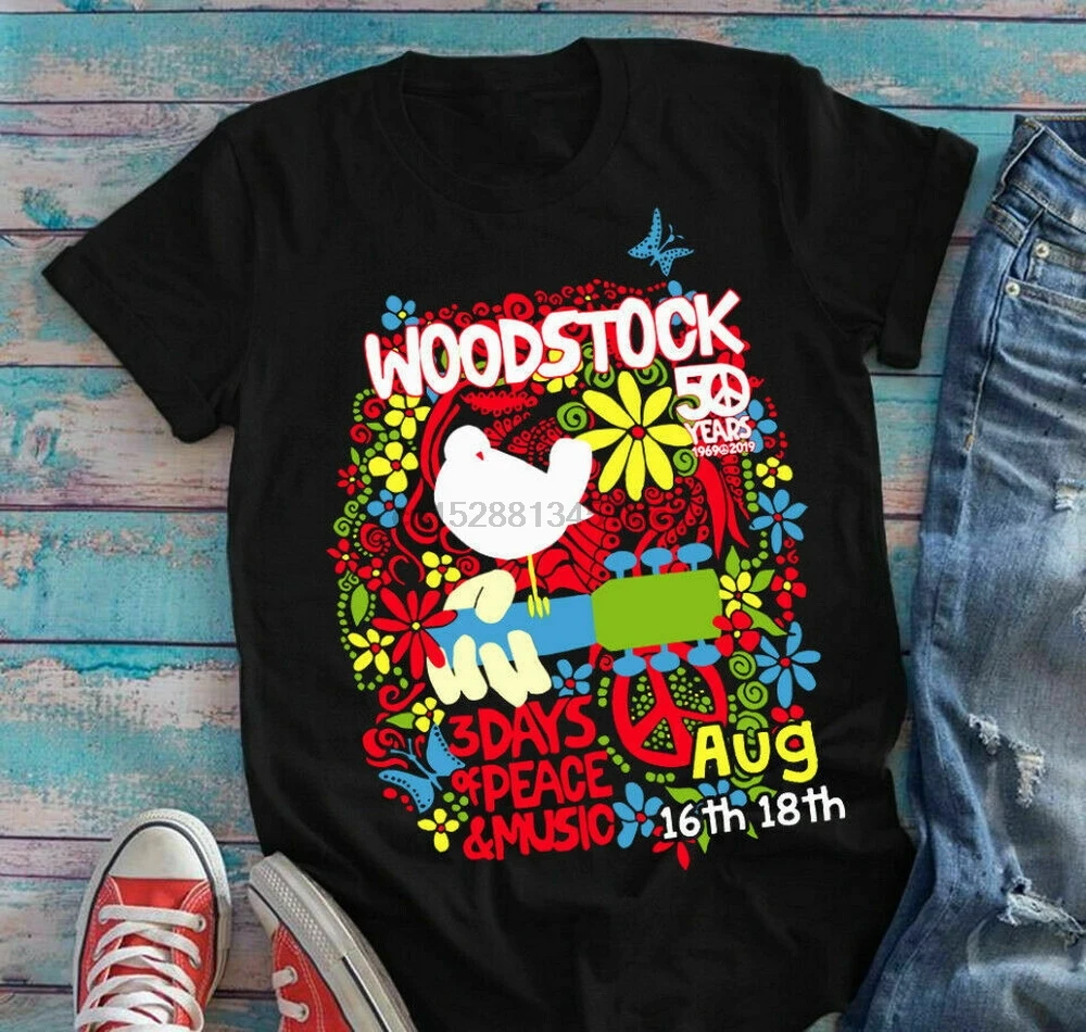 Woodstock 50-летняя годовщина черная футболка унисекс Harajuku в стиле хип-хоп | Мужская