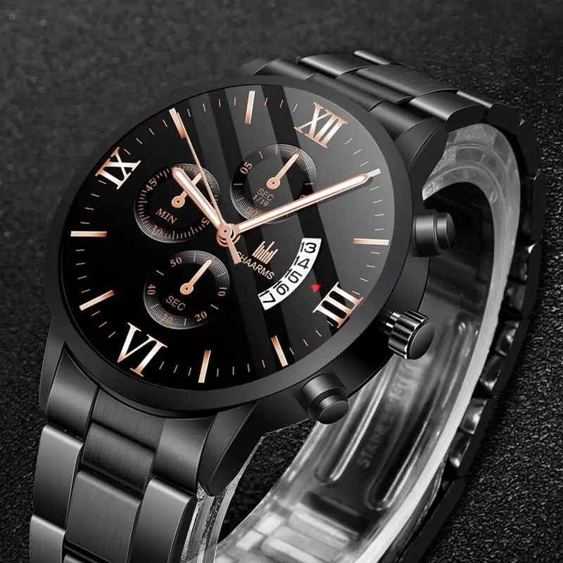 

Fashion Men Black Watches Stainless Steel Analog Quartz Watch Luxury Business Wristwatch Male Man Roman Number Reloj Hombre