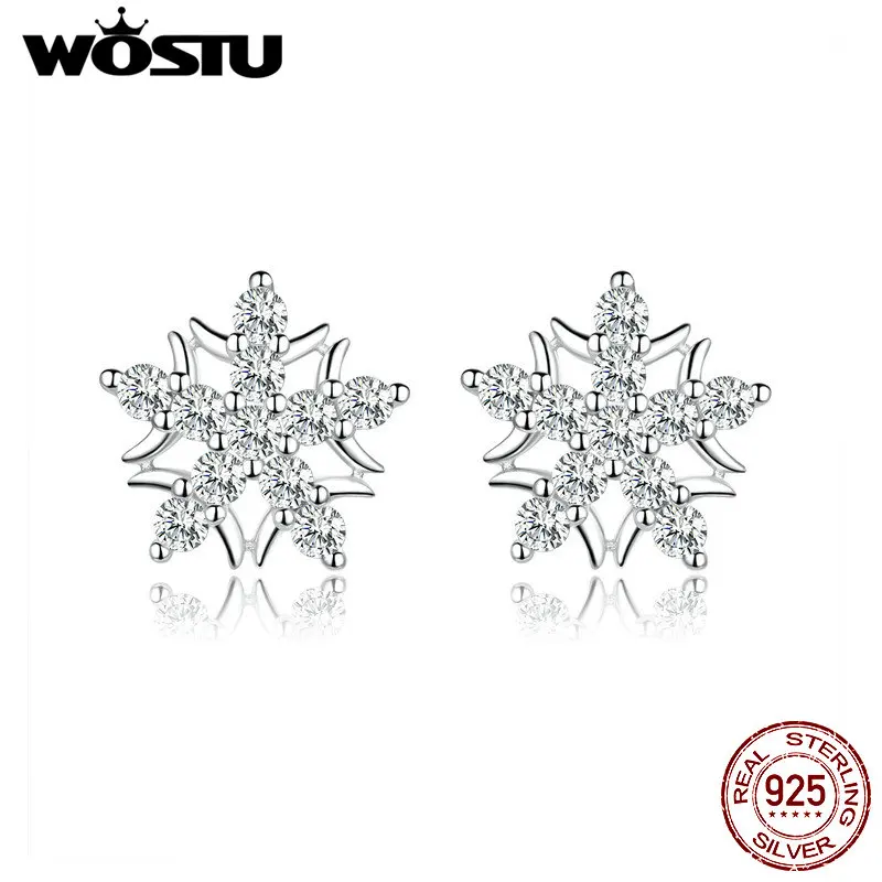 WOSTU, Настоящее серебро, 925 пробы, снежинка, серьги-гвоздики, сверкающий циркон, свадебные серьги для женщин, модное ювелирное изделие CTE228