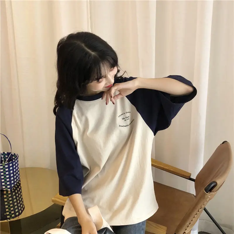 Women 5 Quarter Short Raglan Sleeve T-shirts Casual Patchwork Loose PopularO-neck Lazy Korean Style Simple Vintage584_voghion.com