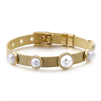 

Trendy Gold Stainless Steel Bangles Fashion Luxury Party Jewelry Elegant Female Waterproof Couple Pearl Bracelet for Women Gift