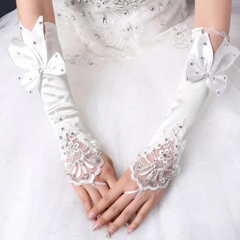 цена Bridal Wedding Gloves Long sleeved Lace Rod Diamond Gloves