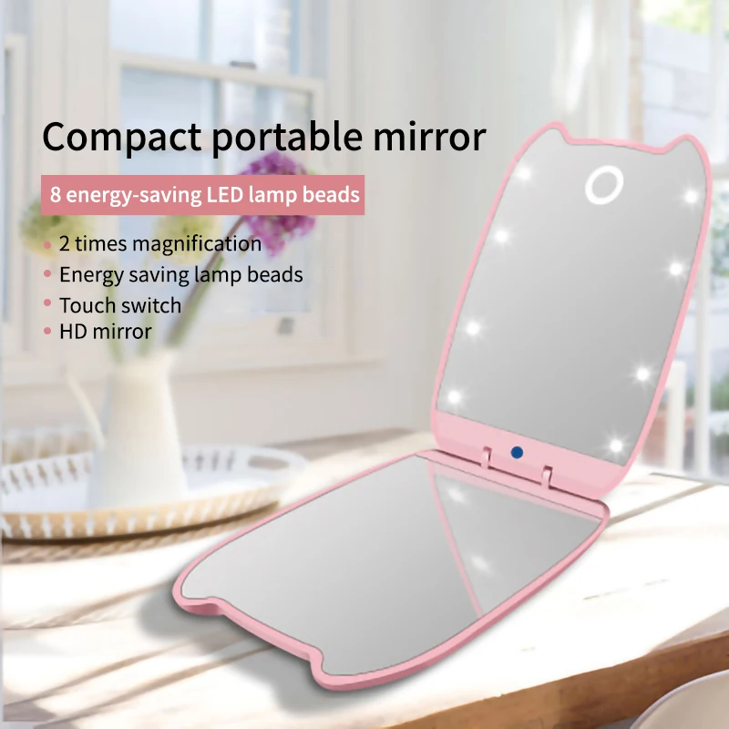 AiLESEN Cute Cat Ear Double Mirror Women Make Up Mirror Cosmetic Folding Portable Dressing Light