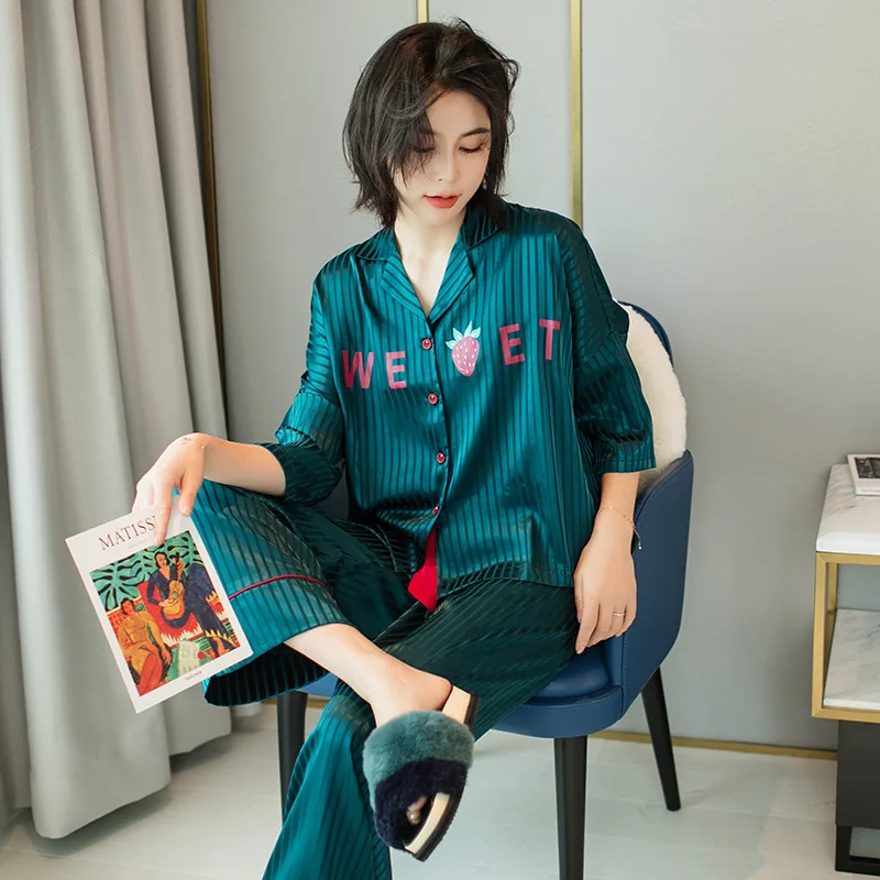 

2020 Spring And Summer New Style WOMEN'S Pajama Suit Satin Silk Bat Sleeve Loose And Plus-sized Tracksuit Fashion Models