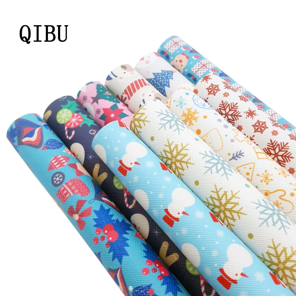 QIBUMAY 1 шт. Рождественская Яркая Ткань ПУ винил Снег Мультфильм Печать Кожа DIY Hairbow