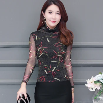 

Autumn 2019 Bottoming Blouses flower print transparent shirts Sexy Womens Long Sleeve Tops Black High Neck Elegant Slim 851B