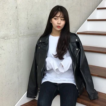 

Autumn Zipper Motorcycle Jacket Women Faux Womens Leather Jacket PU Black Leather Jacket Ladies loose Coat 2020 New