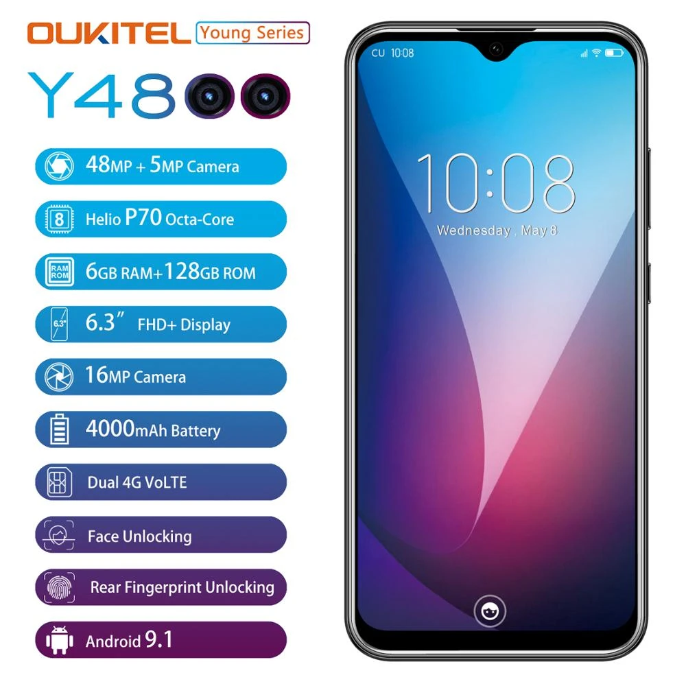 OUKITEL Y4800 6.3"19.5:9 FHD+ Android 9.0 Mobile Phone Octa Core 6G RAM 128G ROM Fingerprint 4000mAh 9V/2A Face ID Smartphone best android cell phone for the money