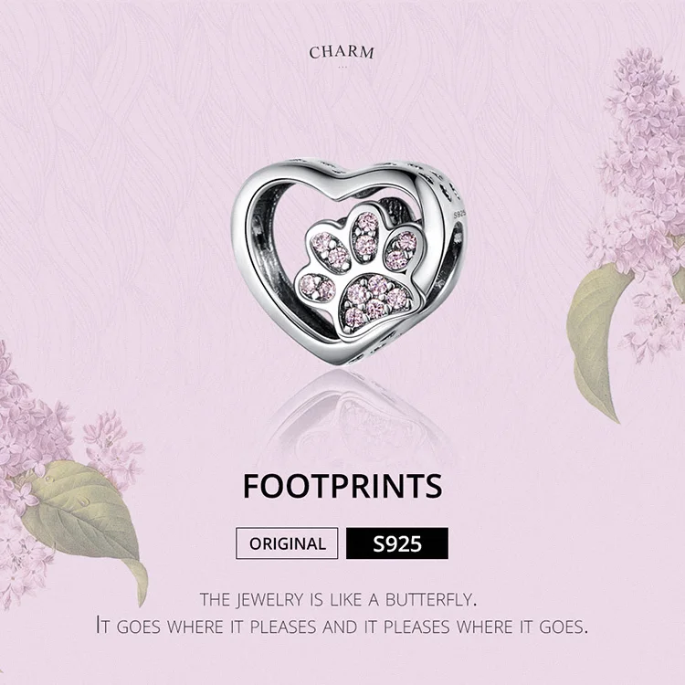 Starland Cat Love Heart-shape Charm 925 Sterling Silver Paw Footprints Heart Charms for Bangle Bracelet Fine Jewelry