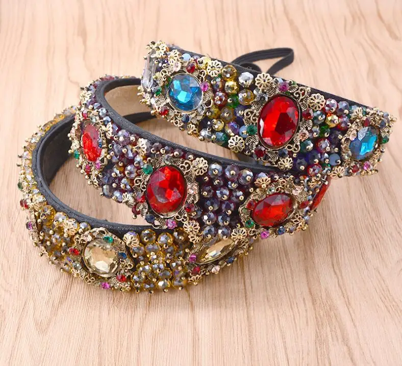Vintage wide-brimmed crystal headband Baroque court hair accessories Korean simple elastic headband jewelry