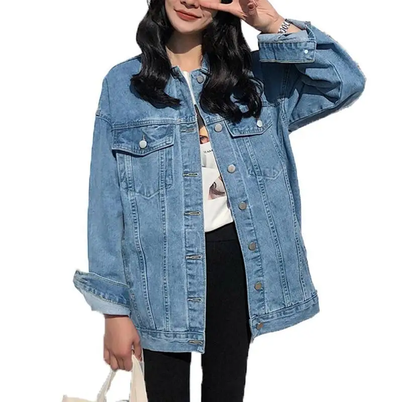 

blue Solid Jean Jeans Jacket For Women Loose Casual Blue Women Coats Female Outwear Denim Feminine Coat Autumn Multi-pocket