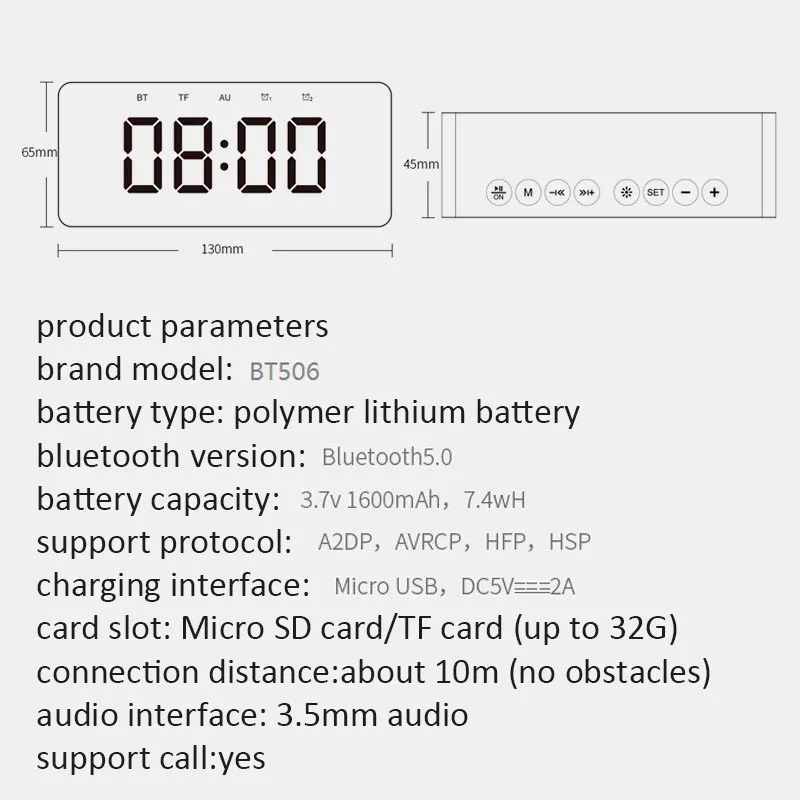 BT506 портативный Bluetooth Сабвуфер беспроводной стерео динамик Поддержка TF карты aux Часы Будильник Мини Зеркало Bluetooth динамик