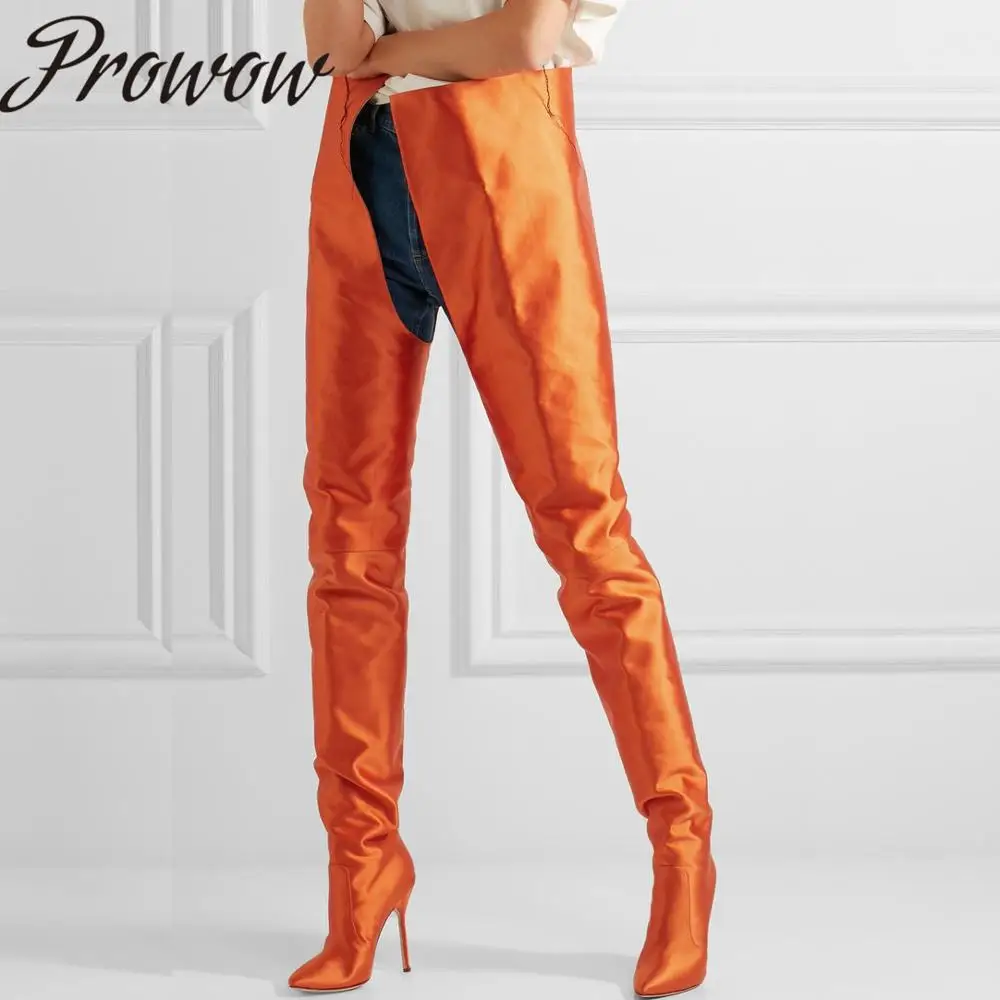 

Prowow New Stretch Satin Thin High Heels Pointed Toe Stage Over The Knee Long Boots Shoes Extreme Long Waist High Boots Women