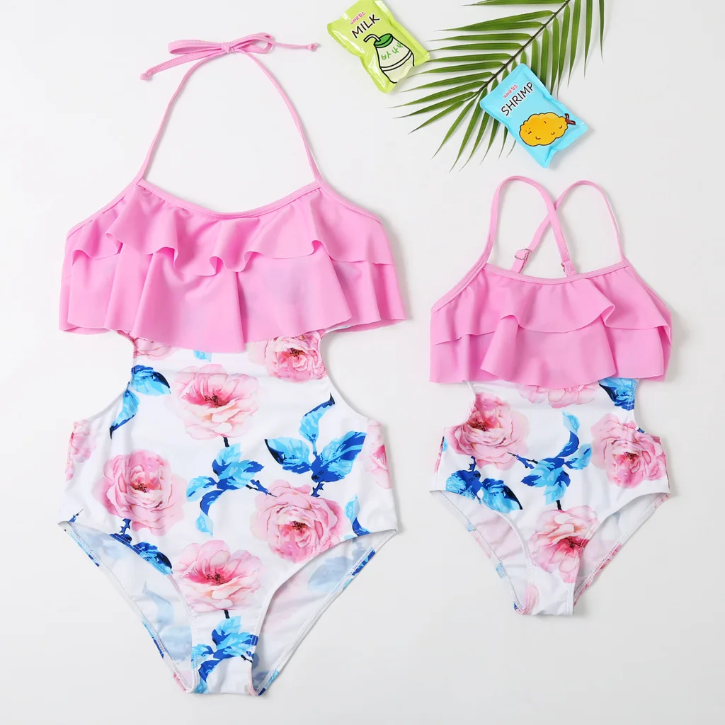 Pink Купальный костюм для девочек; одинаковая семейная одежда; Цельный Детский купальник с оборками; купальник для мамы и дочки; CZ1009 - Цвет: Pink
