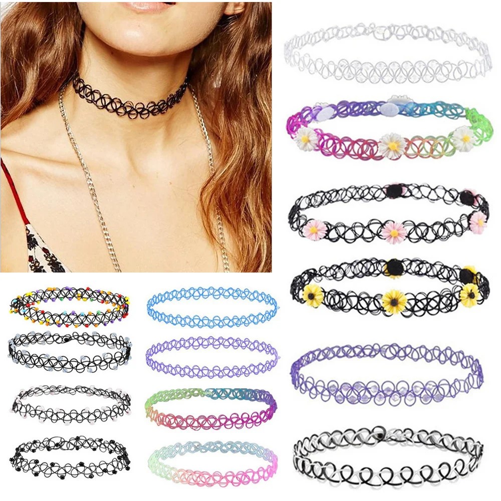 12 sztuk kolorów tatuaż Stretch Choker czarny w stylu Vintage Gothic Punk elastyczny naszyjnik Retro wisiorki kobiety biżuteria ubrania imprezowe dla dziewczynek