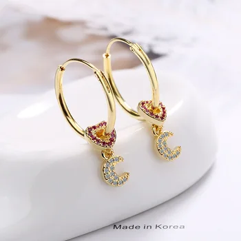 

New Arrival Sweet Cute Crystal Moon Heart Hoop Earrings For Women Trend CZ Pink Gold Earrings Female Wedding Party Jewelry Gift